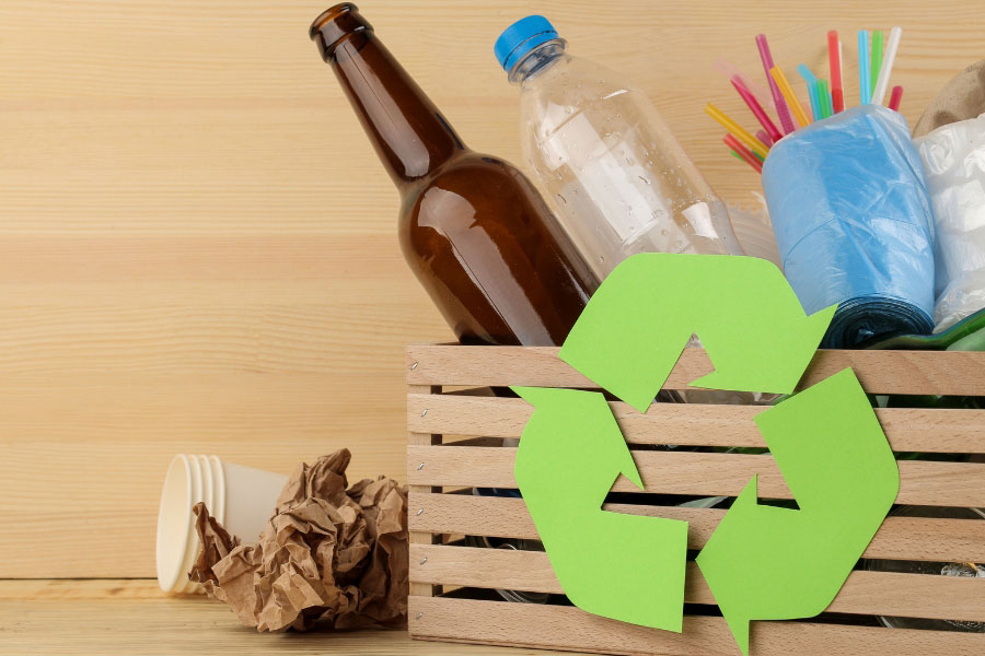 recycable materials in wooden crate