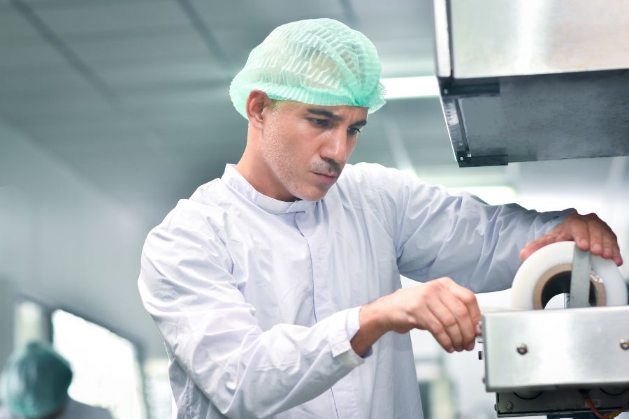 technician calibrating machine in food factory