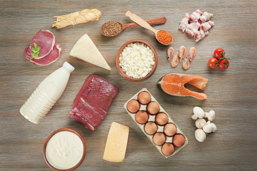various types of dairy products meats and vegetable