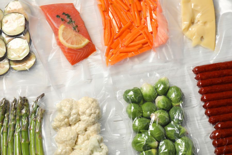 different food products in vacuum packs on white table