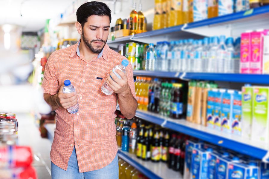 man choosing which plastic bottled water to buy