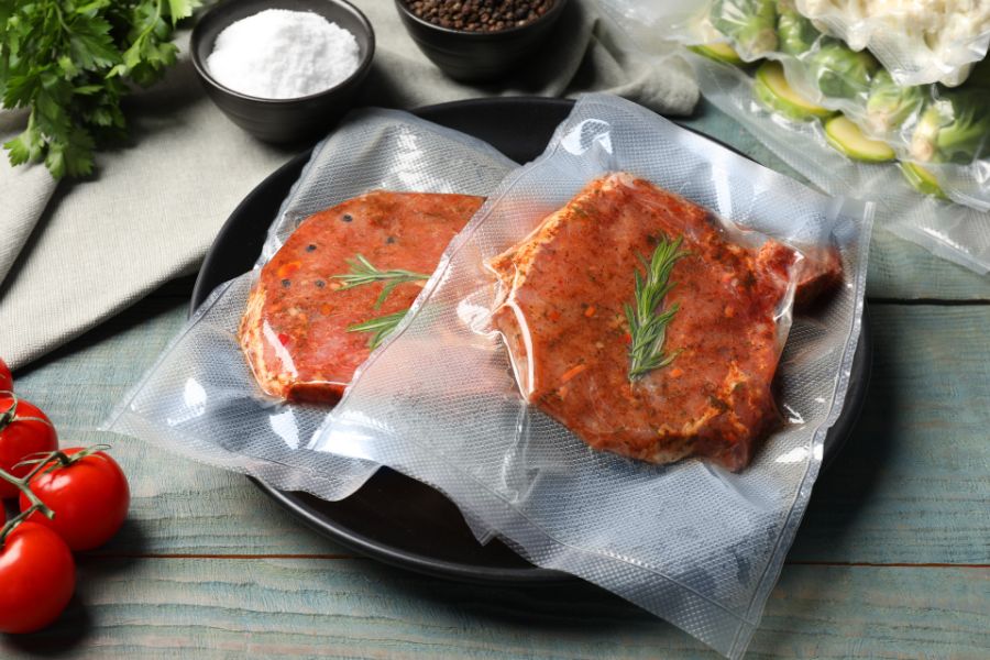 meat in vacuum packings with vegetables on wooden table