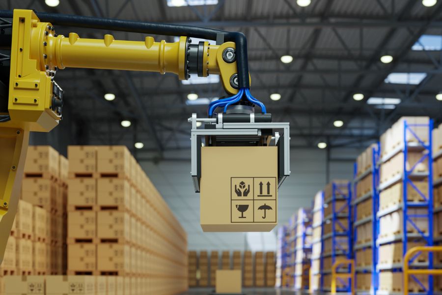 robotic palletizer working in warehouse