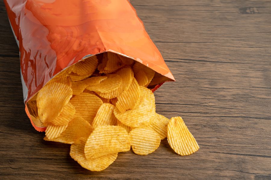 open pack of potato chips