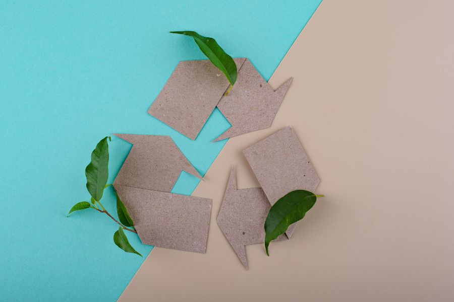 recycle logo on blue and brown background