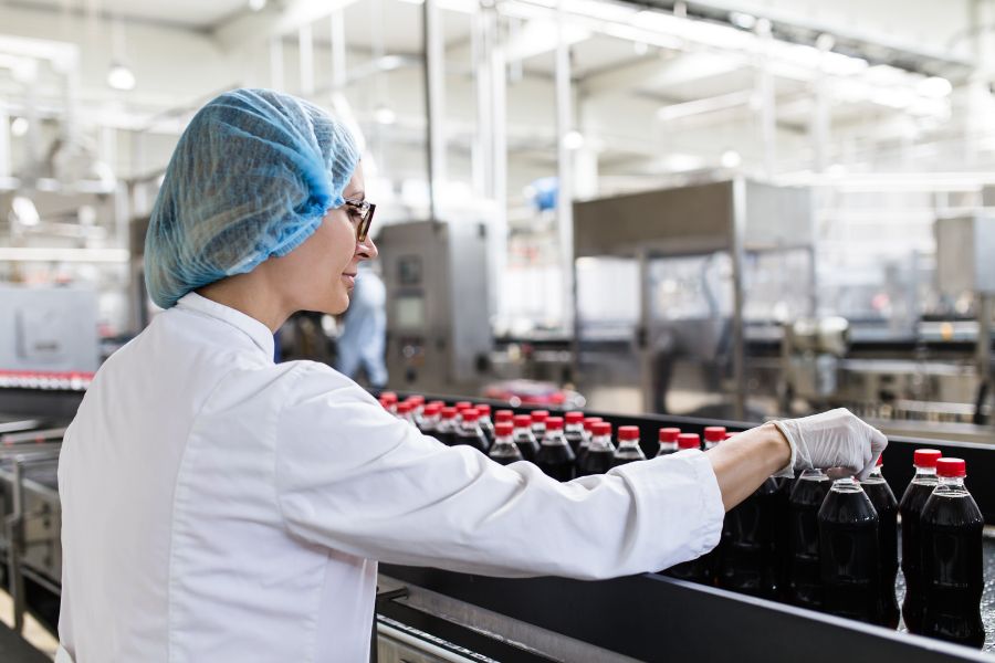 quality inspector checking bottle production line