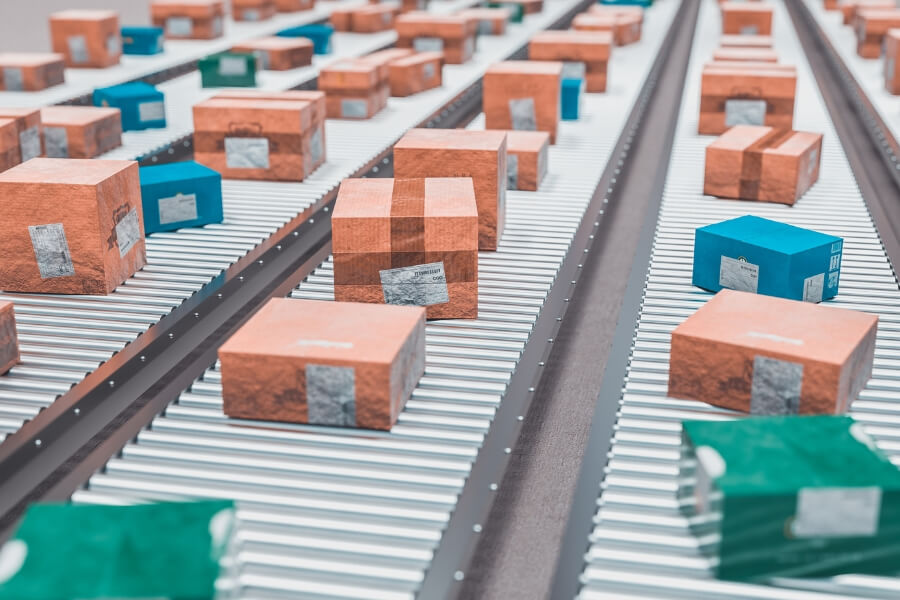 different boxes in a conveyor