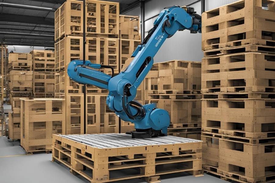 blue robotic palletizer stacking pallets